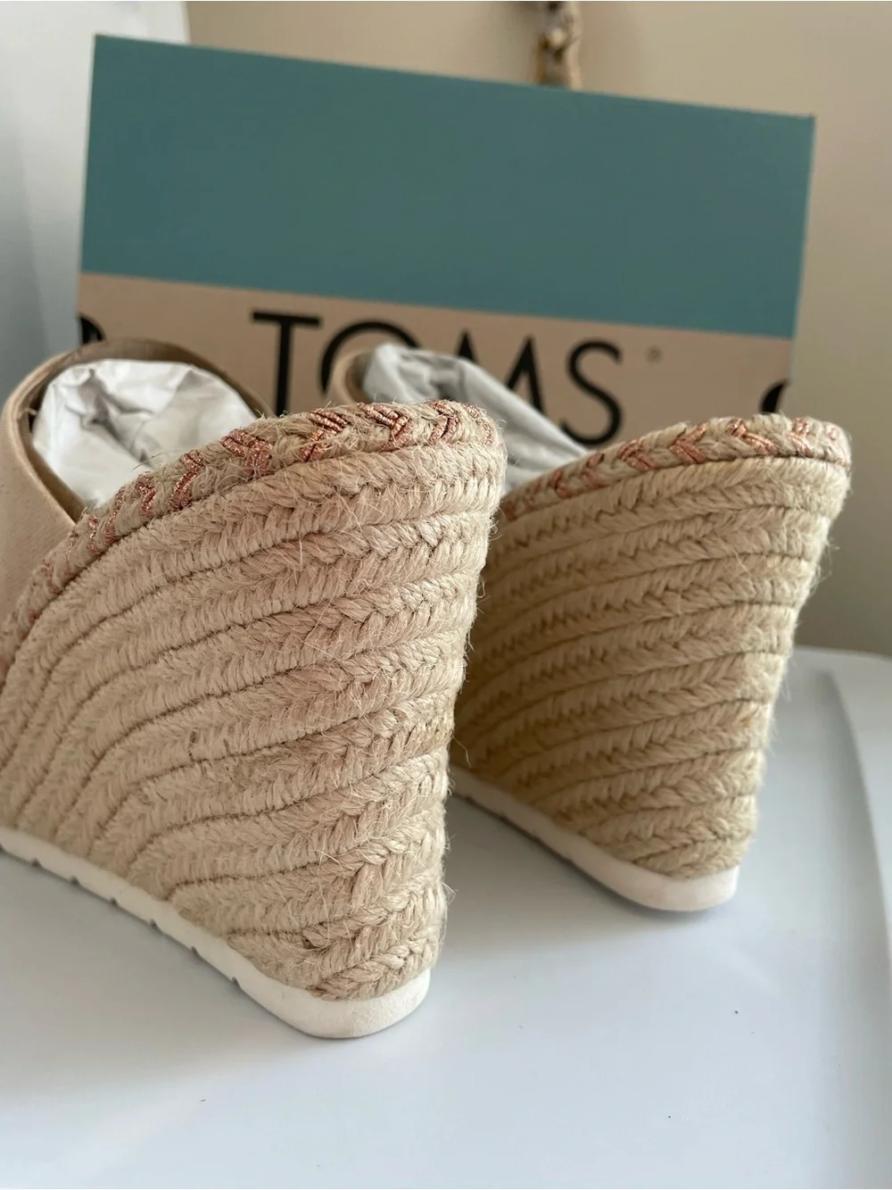 TOMS Blush Pink Canvas Espadrille Wedge Slides Monica Mule NEW in BOX